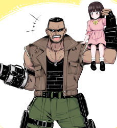 Rule 34 | 1boy, 1girl, arm cannon, barret wallace, belt, black hair, brown hair, buzz cut, child, cowboy shot, dark skin, dark-skinned male, dog tags, dress, ear piercing, earrings, father and daughter, final fantasy, final fantasy vii, final fantasy vii remake, grin, highres, jewelry, male focus, marlene wallace, muscular, open mouth, piercing, pink dress, pocket, ribbon, shimure (460), shoes, short hair, sitting on arm, smile, socks, sunglasses, very short hair, vest, weapon