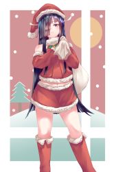 Rule 34 | 001machi, 1girl, alternate costume, bad id, bad pixiv id, bag, black hair, blush, boots, christmas, closed mouth, fur-trimmed skirt, fur boots, fur trim, hair over one eye, hair ribbon, hat, hayashimo (kancolle), highres, kantai collection, long hair, looking at viewer, purple eyes, red footwear, red shirt, red skirt, ribbon, santa boots, santa costume, santa hat, shirt, skirt, solo, very long hair