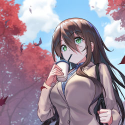 Rule 34 | 1girl, autumn, bag, blazer, blurry, blurry background, breasts, brown hair, closed mouth, cloud, collared shirt, cup, drinking, drinking straw, drinking straw in mouth, falling leaves, from below, hair between eyes, hair over breasts, hair over one breast, handbag, highres, holding, holding bag, holding cup, jacket, large breasts, leaf, long hair, long sleeves, looking afar, manda (luts7602), office lady, open clothes, open jacket, original, shirt, sidelocks, sky, tree, upper body