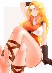 Rule 34 | 1girl, absurdres, ankle strap, arm up, barefoot, black gloves, blonde hair, breasts, brigid (fire emblem), brown eyes, cl (summer sama), cleavage, closed mouth, collared dress, commentary, commission, crossed legs, dress, expressionless, eyelashes, feet, fire emblem, fire emblem: genealogy of the holy war, fire emblem heroes, foot out of frame, foreshortening, gloves, grey background, headband, highres, large breasts, legs, lips, long hair, looking at viewer, nintendo, orange dress, parted bangs, pixiv commission, popped collar, short dress, simple background, sitting, sleeveless, soles, solo, thighs, wavy hair