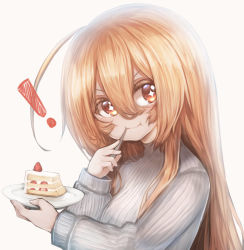 Rule 34 | !, + +, 1girl, :t, blush, cake, cake slice, character request, closed mouth, commentary request, eating, food, fork, fruit, grey background, hachachi, hair between eyes, highres, holding, holding fork, holding plate, indie virtual youtuber, light brown hair, long hair, looking at viewer, plate, red eyes, simple background, solo, strawberry, strawberry shortcake, upper body, utensil in mouth, v-shaped eyebrows, very long hair, virtual youtuber