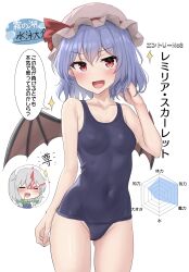 Rule 34 | 2girls, absurdres, alternate costume, bat wings, blood, blue hair, blush, bow, braid, closed eyes, commentary request, covered navel, fang, green bow, grey hair, hair bow, hand in own hair, hat, hat ribbon, highres, izayoi sakuya, looking at viewer, maid, maid headdress, mob cap, multiple girls, nosebleed, old school swimsuit, open mouth, paid reward available, red eyes, red ribbon, remilia scarlet, ribbon, school swimsuit, short hair, skin fang, smile, sparkle, swimsuit, touhou, translation request, twin braids, wings, youmu-kun