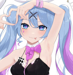Rule 34 | 1girl, absurdres, aot kwc, armpits, arms up, blue eyes, blue hair, blush, bow, bowtie, card, hair between eyes, hair ornament, hatsune miku, heart, heart hands, highres, leotard, looking at viewer, multicolored hair, playboy bunny, playing card, purple hair, rabbit hole (vocaloid), simple background, solo, tongue, tongue out, two-tone hair, vocaloid