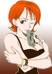 Rule 34 | 1girl, breast hold, breasts, chabudai, cleavage, female focus, large breasts, money, tucked money, mouth hold, nami (one piece), one eye closed, one piece, orange hair, short hair, solo, tattoo, wink