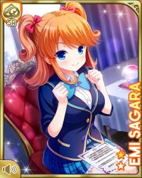 Rule 34 | 1girl, blouse, blue eyes, blue jacket, bow, breasts, card, chair, clenched hand, crystal ball, curtains, desk, girlfriend (kari), hair ornament, hands up, indoors, jacket, japanese text, large breasts, official art, orange hair, paper, plaid, plaid skirt, qp:flapper, red bow, sagara emi, shirt, sitting, skirt, smile, solo, tablecloth, tagme, tattoo, twintails, white shirt, window