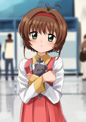 Rule 34 | 1boy, 1girl, absurdres, blurry, blurry background, blush, brown hair, cardcaptor sakura, closed mouth, collared shirt, commentary request, cross, crossed arms, depth of field, dress, green eyes, hair intakes, hairband, head tilt, highres, indoors, kinomoto sakura, long sleeves, looking at viewer, mousou (mousou temporary), hugging object, pleated skirt, red dress, red hairband, shirt, short hair, skirt, smile, solo focus, stuffed animal, stuffed toy, teddy bear, white shirt