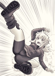 Rule 34 | 1girl, arm up, bike shorts, breasts, commentary request, emphasis lines, greyscale, hair between eyes, highres, jacket, koshirae tsurugi (m.m), long hair, long sleeves, low ponytail, m.m, monochrome, original, ponytail, shoe soles, shoes, short shorts, shorts, small breasts, smoke, socks, solo, tentacles, track jacket