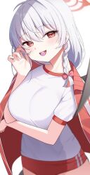 Rule 34 | 1girl, aamana0, absurdres, blue archive, breasts, haruna (blue archive), highres, large breasts, looking at viewer, open mouth, red eyes, shirt, short sleeves, simple background, smile, solo, white hair, white shirt