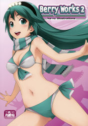 Rule 34 | 1girl, :d, bikini, blush, breasts, cleavage, cover, eyebrows, front-tie top, green eyes, green hair, ha-ru, hairband, highres, long hair, matching hair/eyes, navel, open mouth, original, scarf, side-tie bikini bottom, sideboob, smile, solo, striped clothes, striped scarf, swimsuit