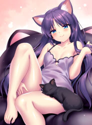 Rule 34 | 1girl, animal, animal ear fluff, animal ears, animal on lap, bare arms, bare legs, bare shoulders, barefoot, black cat, blue eyes, blush, breasts, c:, camisole, cat, cat ears, cat girl, cat on lap, closed mouth, collarbone, commentary request, couch, curvy, eyelashes, eyes visible through hair, foot out of frame, hair between eyes, hair down, hair spread out, hand on own thigh, hand up, holding, holding hair, knee up, little busters!, long hair, looking at viewer, no bra, off shoulder, on couch, on lap, parted bangs, paw cutout, pink background, purple camisole, purple hair, sasasegawa sasami, seductive smile, shiny skin, sidelocks, simple background, sitting, small breasts, smile, solo, thighs, tsurime, very long hair, zen (kamuro)