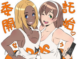 Rule 34 | 2girls, ;d, bare shoulders, blonde hair, blue eyes, blush, brand name imitation, breast press, breasts, brown hair, butcha-u, character name, cleavage, dark-skinned female, dark skin, delightfully fuckable and unrefined!!, employee uniform, ganguro, green eyes, grin, hairband, hand on own hip, heart, hooters, large breasts, lips, lipstick, looking at viewer, makeup, mari (delightfully fuckable and unrefined!!), mole, mole under mouth, multiple girls, no legwear, one eye closed, open mouth, pink lips, rui (delightfully fuckable and unrefined!!), short hair, short shorts, shorts, sideboob, signature, simple background, smile, smiley face, symmetrical docking, tank top, tongue, translation request, uniform, upper body, waitress, white background, wink