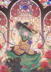Rule 34 | 1girl, black hat, blouse, blush, bow, bright pupils, buttons, chinese commentary, closed mouth, commentary request, cowboy shot, diamond button, flower, frilled shirt collar, frilled skirt, frilled sleeves, frills, green eyes, green hair, green skirt, hair between eyes, hat, hat bow, hat flower, heart, heart of string, highres, komeiji koishi, long sleeves, looking at viewer, medium hair, red flower, red rose, rose, shirt, skirt, skirt hold, smile, solo, stained glass, suelement, third eye, thorns, touhou, white pupils, wide sleeves, yellow bow, yellow shirt