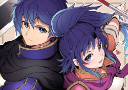 Rule 34 | 1boy, 1girl, blue eyes, blue hair, closed mouth, fire emblem, fire emblem: new mystery of the emblem, highres, kris (fire emblem), long hair, looking to the side, nakabayashi zun, nintendo, open mouth, polearm, ponytail, short hair, sword, upper body, weapon