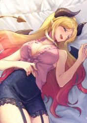 Rule 34 | aonikuro, bare arms, bare shoulders, bat tattoo, bed sheet, black horns, black skirt, black wings, blonde hair, breast tattoo, breasts, center frills, cleavage, collared shirt, demon girl, demon horns, demon tail, demon wings, drooling, frilled shirt, frills, garter straps, highres, hololive, horns, lace, lace-trimmed skirt, lace trim, long hair, lying, on back, on bed, open mouth, parted bangs, pencil skirt, pink shirt, plunging neckline, shirt, skirt, sleeping, sleeveless, sleeveless shirt, solo, tail, tattoo, virtual youtuber, wavy mouth, wings, yuzuki choco, yuzuki choco (1st costume)