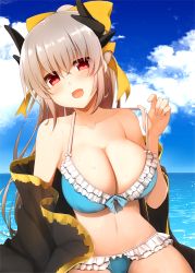 Rule 34 | 1girl, bare shoulders, bikini, blue bikini, blush, bow, breasts, cleavage, cloud, collarbone, day, fate/grand order, fate (series), frilled bikini, frills, hair bow, horns, kiyohime (fate), kiyohime (fate/grand order), kiyohime (swimsuit lancer) (fate), kiyohime (swimsuit lancer) (third ascension) (fate), kujiran, large breasts, long hair, looking at viewer, navel, ocean, open mouth, outdoors, ponytail, red eyes, silver hair, sky, smile, solo, strap pull, swimsuit