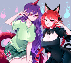 Rule 34 | 2girls, animal ears, black dress, braid, breasts, cat ears, cat tail, cleavage, commentary, dress, fingernails, green shirt, green shorts, hair between eyes, highres, horns, kaenbyou rin, large breasts, long fingernails, long hair, multiple girls, multiple tails, nail polish, one eye closed, open mouth, purple hair, raptor7, red eyes, red hair, red horns, red nails, red tail, sharp fingernails, shirt, short sleeves, shorts, single horn, smile, symbol-only commentary, tail, tenkajin chiyari, touhou, twin braids, two tails