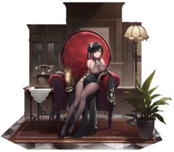 Rule 34 | 1girl, azur lane, bare shoulders, black dress, black footwear, black hair, bodystocking, breasts, brown gloves, cat, chair, chen hai (azur lane), chen hai (vestibule of wonders) (azur lane), china dress, chinese clothes, cleavage, covered navel, dress, elbow gloves, flower, full body, gloves, gujianshaonu, hair flower, hair ornament, highres, lace, lace-trimmed gloves, lace trim, large breasts, long hair, looking at viewer, official alternate costume, official art, pelvic curtain, phone, purple eyes, see-through, sitting, sleeveless, sleeveless dress, solo, taut clothes, taut dress, transparent background, white flower