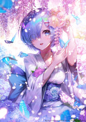 Rule 34 | 1girl, :d, apple caramel, artist name, blue butterfly, blue eyes, blue hair, blush, breasts, bug, butterfly, choker, collarbone, commentary, copyright name, day, eyes visible through hair, floral print, flower, hair between eyes, hair flower, hair ornament, hair over one eye, hand to head, hands up, highres, hydrangea, insect, japanese clothes, kimono, long sleeves, looking at viewer, medium breasts, obi, open mouth, outdoors, petals, pink choker, re:zero kara hajimeru isekai seikatsu, rem (re:zero), revision, sash, short hair, smile, solo, wide sleeves, x hair ornament
