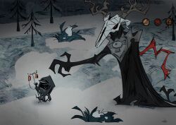 Rule 34 | 1boy, 1other, absurdres, ambiguous gender, antlers, arknights, bare tree, black cloak, black coat, bush, cloak, coat, commentary, cqqqqdaze, doctor (arknights), don&#039;t starve, gameplay mechanics, health bar, highres, hood, hood up, hooded coat, horns, intravenous drip, long sleeves, mask, parody, patriot (arknights), reaching, red eyes, red ribbon, ribbon, running, skull, snow, tree