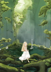 Rule 34 | 1girl, bad id, bad pixiv id, barefoot, blonde hair, braid, building, ccru, clothes lift, crown, dress, dress lift, highres, nature, pixiv fantasia, pixiv fantasia 3, pixiv festa, ruins, scenery, skirt hold, solo, tiptoes, tree, twin braids, walking, water, white dress