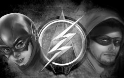 Rule 34 | 2boys, arrow (projectile), barry allen, dc comics, domino mask, emblem, flash (series), green arrow, green arrow (series), hood, looking at viewer, mask, monochrome, multiple boys, oliver queen, the flash