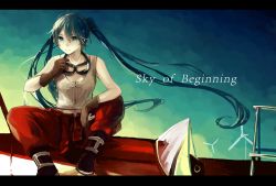 Rule 34 | 1girl, copyright name, crimsonseed, gloves, goggles, goggles around neck, green eyes, green hair, hatsune miku, letterboxed, long hair, matching hair/eyes, sitting, solo, twintails, very long hair, vocaloid
