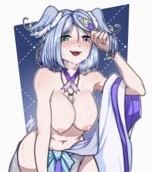 Rule 34 | 1girl, absurdres, adjusting hair, aqua eyes, blue hair, blush, breasts, commentary, cross-shaped pupils, dated, elira pendora, english commentary, fangs, hair between eyes, hanging breasts, head wings, heterochromia, highres, jewelry, key, key necklace, large breasts, leone145wb, looking at viewer, medium hair, mixed-language commentary, navel, necklace, nijisanji, nijisanji en, nipples, nose blush, open mouth, partially undressed, purple eyes, signature, solo, sweat, symbol-shaped pupils, virtual youtuber, wings