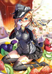Rule 34 | 10s, 1girl, anchor hair ornament, black thighhighs, blonde hair, blue eyes, blush, food, fruit, gloves, hair ornament, hat, highres, himonoata, kantai collection, long hair, long legs, military, military uniform, peaked cap, prinz eugen (kancolle), pudding, solo, spoon, thighhighs, twintails, uniform, white gloves
