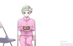 1girl asgykk blue_eyes box chair closed_mouth green_hat hat hat_ornament holding holding_box long_sleeves oshi_no_ko pants pink_pants rabbit_hat_ornament sitting smile solo tendouji_sarina white_background