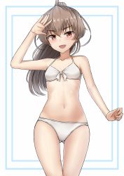 Rule 34 | 1girl, :d, arm at side, arm up, armpits, bad id, bad nicoseiga id, bare shoulders, bikini, blush, brown eyes, brown hair, collarbone, cowboy shot, eyebrows, fang, flat chest, gluteal fold, high ponytail, highres, long hair, looking at viewer, navel, open mouth, original, ponytail, simple background, smile, solo, standing, stomach, swimsuit, thick eyebrows, thigh gap, tooth, white background, white bikini, yakob labo