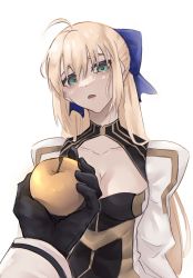 Rule 34 | 13addendum, 1boy, 1girl, ahoge, apple, artoria caster (third ascension) (fate), blonde hair, breasts, cleavage, fate/grand order, fate (series), food, fruit, fujimaru ritsuka (male), fujimaru ritsuka (male) (decisive battle chaldea uniform), golden apple, green eyes, highres, large breasts, simple background, white background
