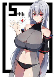Rule 34 | 1girl, absurdres, adapted costume, arknights, babydoll, bare shoulders, black panties, blush, breasts, closed mouth, cowboy shot, detached sleeves, grey hair, heart, highres, huge breasts, long hair, looking at viewer, navel, panties, parted lips, red eyes, see-through, short sleeves, skadi (arknights), smile, solo, speech bubble, spoken heart, stomach, two-tone background, underwear, very long hair, waving, white background, xllam