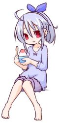 Rule 34 | 100 percent orange juice, 1girl, :3, ahoge, alternate hairstyle, barefoot, blue shirt, blush, bow, closed mouth, collarbone, commentary request, food, full body, hair between eyes, hair bow, head tilt, holding, holding spoon, hono, knees together feet apart, looking at viewer, official art, ponytail, purple bow, purple shorts, red eyes, shaved ice, shirt, shorts, silver hair, simple background, sitting, solo, spoon, suguri, suguri (orange juice), white background