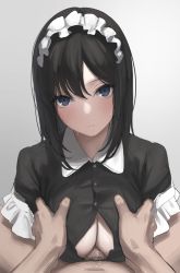Rule 34 | 1boy, 1girl, black dress, black hair, blue eyes, blush, breasts, breasts squeezed together, censored, cleavage, dress, hetero, highres, kaminari doon, large breasts, looking at viewer, maid, maid headdress, mosaic censoring, original, paizuri, paizuri under clothes, penis, puffy short sleeves, puffy sleeves, short hair, short sleeves, solo focus