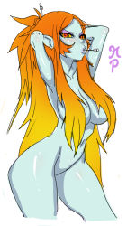 Rule 34 | 1girl, armpits, arms up, blue skin, blush, breasts, colored sclera, colored skin, completely nude, hair censor, hair ornament, hairpin, long hair, maniacpaint, midna, midna (true), multicolored hair, navel, nintendo, nude, object in mouth, pointy ears, ponytail, red eyes, shiny skin, simple background, spoilers, standing, the legend of zelda, the legend of zelda: twilight princess, thick thighs, thighs, very long hair, watermark, white background, yellow sclera