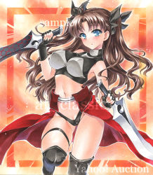 Rule 34 | 1girl, archer (fate), archer (fate) (cosplay), artist name, at classics, black bow, black footwear, black gloves, blue eyes, blush, boots, bow, breasts, brown hair, cosplay, fate (series), fingerless gloves, gloves, groin, hair bow, hand up, holding, holding sword, holding weapon, long hair, looking at viewer, medium breasts, navel, official alternate costume, parted lips, sample watermark, skindentation, sleeveless, solo, stomach, sword, thigh boots, thigh strap, thighhighs, tohsaka rin, traditional media, two side up, watermark, weapon