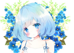 Rule 34 | 1girl, blue eyes, blue hair, blush, female focus, flower, matching hair/eyes, original, short hair, solo, tsukiyo