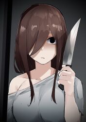 Rule 34 | 1girl, absurdres, black eyes, brown hair, closed mouth, commentary request, crazy eyes, dark, expressionless, go-toubun no hanayome, hair between eyes, hair over one eye, hand up, highres, holding, holding knife, indoors, knife, long hair, looking at viewer, mame1645, nakano miku, off shoulder, one eye covered, shaded face, shirt, short sleeves, sidelocks, solo, straight-on, upper body, white shirt, yandere