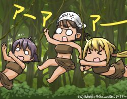 Rule 34 | &gt; &lt;, 3girls, :d, > <, blonde hair, brown hair, commentary request, dated, closed eyes, flying sweatdrops, forest, glasses, hamu koutarou, hat, kantai collection, leather skirt, long hair, midriff, multiple girls, nature, o o, opaque glasses, open mouth, pince-nez, purple hair, roma (kancolle), sakawa (kancolle), sarong, satsuki (kancolle), short hair, smile, swinging, twintails, xd