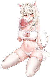 Rule 34 | 1girl, :d, absurdres, animal ears, animal hands, biya (1024), bra, breasts, cameltoe, cat cutout, cat ear panties, cat ears, cat girl, cat lingerie, cat tail, cleavage, cleavage cutout, clothing cutout, collarbone, frilled bra, frills, gloves, gluteal fold, highres, large breasts, long hair, looking at viewer, meme attire, navel, open mouth, original, panties, paw gloves, red eyes, side-tie panties, simple background, skindentation, smile, solo, stomach, string panties, sweat, tail, tail raised, thighhighs, thighs, underwear, underwear only, white background, white bra, white hair, white panties, white thighhighs