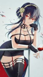 Rule 34 | 1girl, against railing, alcohol, arm rest, armpit crease, bad id, bad twitter id, bare shoulders, black choker, black dress, black gloves, black hair, black thighhighs, breasts, cheek rest, choker, cleavage, cowboy shot, cup, devil heavens, dress, drink, drinking glass, fingerless gloves, gloves, gold hairband, grey background, hair between eyes, hair bun, hairband, hand on own face, highres, holding, holding cup, holding drink, large breasts, leaning, looking at viewer, railing, red eyes, red wine, revision, short hair with long locks, solo, spy x family, thighhighs, thighs, two-sided dress, two-sided fabric, wine, wine glass, yor briar