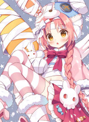 Rule 34 | 1girl, :o, animal hat, bandages, blush, bow, bowtie, braid, button eyes, buttons, hat, hat bow, long hair, looking at viewer, mauve, mimi (halloween) (princess connect!), mimi (princess connect!), neck ribbon, pink hair, pink thighhighs, princess connect!, rabbit hat, red bow, red bowtie, red ribbon, ribbon, solo, striped clothes, striped thighhighs, thighhighs, twin braids, very long hair, white bow, yellow eyes