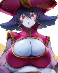 Rule 34 | 1girl, :o, black hair, blue skin, blush stickers, breast hold, breasts, china dress, chinese clothes, cleavage, cleavage cutout, clothing cutout, colored skin, dress, fang, flipped hair, hair between eyes, highres, huge breasts, lei lei, looking at viewer, nishiide kengorou, ofuda, open mouth, pink dress, pink eyes, puffy short sleeves, puffy sleeves, red eyes, short sleeves, simple background, solo, upper body, vampire (game), white background