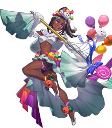 Rule 34 | 1girl, alternate costume, balloon, black shorts, breasts, brown hair, candy hair ornament, circlet, dark-skinned female, dark skin, female focus, fire emblem, fire emblem engage, fire emblem heroes, food-themed hair ornament, full body, ghost hair ornament, gradient clothes, hair ornament, highres, holding, holding weapon, jack-o&#039;-lantern, leg up, long hair, long sleeves, medium breasts, midriff, navel, nintendo, non-web source, official alternate costume, official art, okada manabi, open mouth, parted bangs, polearm, ponytail, pumpkin, red eyes, ribbon, shiny skin, shoes, shorts, skirt, sleeves past wrists, smile, solo, spear, star-shaped pupils, star (symbol), stomach, symbol-shaped pupils, teeth, timerra (fire emblem), transparent background, upper teeth only, weapon, white footwear, wide sleeves