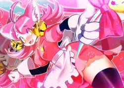 Rule 34 | 1girl, animal ears, bell, cat ears, dual persona, fang, gloves, green eyes, hakkasame, mad mew mew, magical girl, pink hair, staff, undertale, white gloves