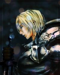 Rule 34 | 1boy, armor, blonde hair, blue eyes, blurry, bokeh, border, breastplate, depth of field, dragon&#039;s crown, fighter (dragon&#039;s crown), from side, gloves, hand on hilt, highres, leather, leather gloves, lips, male focus, masamune (eight5050), pauldrons, profile, shoulder armor, signature, solo, sword, upper body, weapon