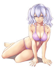 Rule 34 | 10s, 1girl, alternate costume, arm support, bare arms, bare legs, bare shoulders, barefoot, bikini, blue eyes, breasts, cleavage, closed mouth, collarbone, eyebrows, female focus, front-tie bikini top, front-tie top, full body, hair between eyes, ishii hisao, kantai collection, kashima (kancolle), leaning to the side, long hair, looking at viewer, medium breasts, no headwear, purple bikini, shadow, simple background, sitting, smile, solo, swimsuit, twintails, white background, white hair, yokozuwari