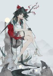 Rule 34 | 1girl, absurdly long hair, alternate costume, architecture, arrow (projectile), black gloves, black hair, blue eyes, bow, collarbone, commentary request, crossed legs, east asian architecture, fog, full body, gloves, grin, hair bow, hair over one eye, hakurei reimu, hamaya, highres, holding, holding arrow, long hair, looking at viewer, moon, red bow, reeh (yukuri130), sitting, smile, solo, touhou, very long hair, white footwear