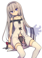 Rule 34 | 1girl, bare shoulders, black choker, black panties, bow, bow panties, cameltoe, choker, closed mouth, collarbone, commentary, crotch seam, dress, everyntrge, flower, gluteal fold, highres, long hair, looking at viewer, original, panties, purple eyes, rose, simple background, sitting, solo, spaghetti strap, thighhighs, underwear, very long hair, white background, white dress, white hair, white thighhighs