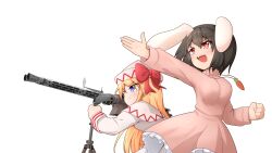 Rule 34 | 2girls, absurdres, animal ears, blonde hair, blush, bow, breasts, brown hair, capelet, carrot necklace, clenched hand, closed mouth, commentary request, cowboy shot, dress, fingernails, floppy ears, frilled dress, frills, gun, hair between eyes, hat, hat bow, highres, holding, holding gun, holding weapon, inaba tewi, jewelry, ju87r (tvp1178), lily white, long hair, long sleeves, looking afar, machine gun, medium bangs, medium breasts, mg 81, multiple girls, necklace, open mouth, pink dress, pink eyes, rabbit ears, rabbit girl, red bow, salute, scope, short hair, simple background, smile, touhou, transparent background, weapon, white capelet, white dress, white headwear